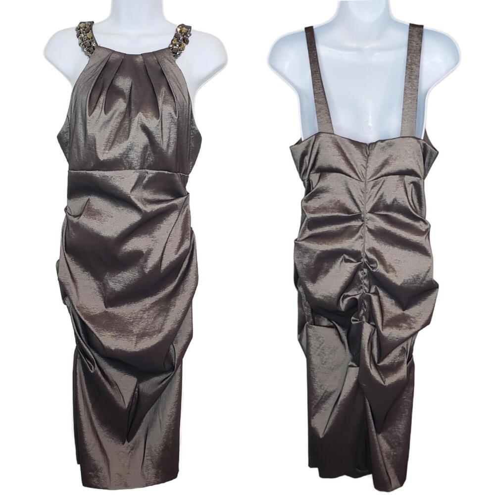 Cache Women's 12 Metallic Silver Bejeweled Formal Evening Dress